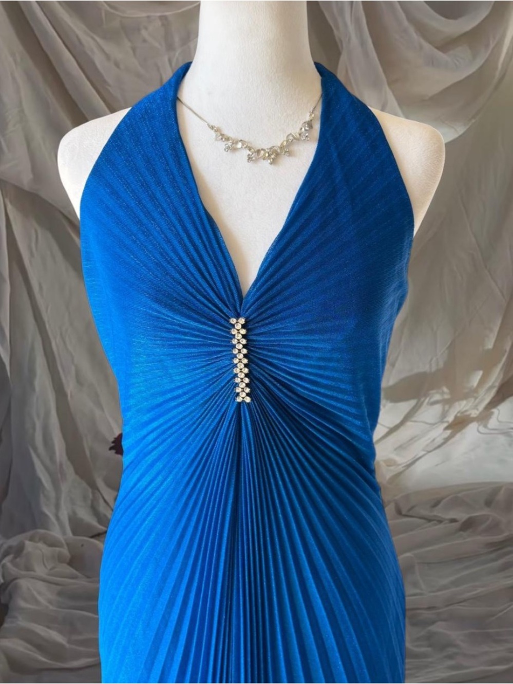 Vintage Aspeed Royal Blue Halter Pleated Evening Gown with Rhinestone Detail